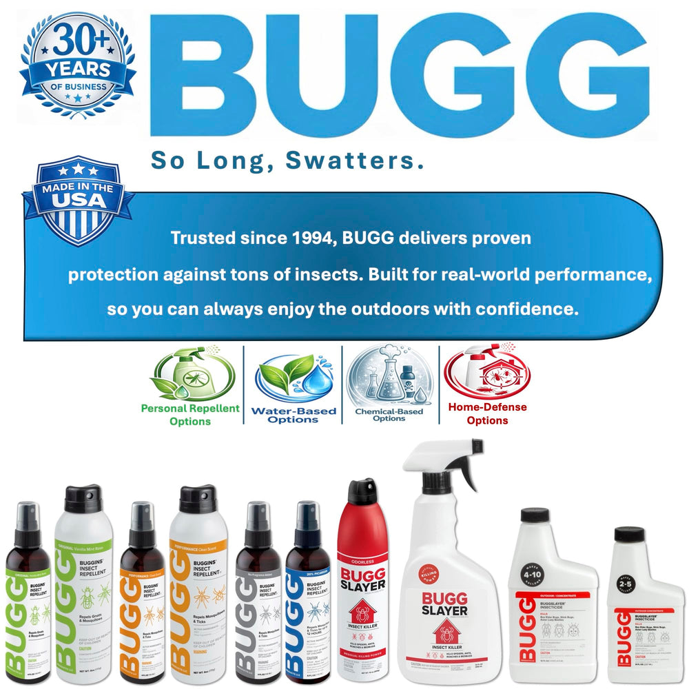 BUGGSLAYER 16 oz bottle held in hand to show compact size and coverage benefit
