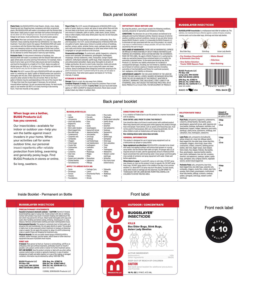 BUGGSLAYER back label with directions and safety info for correct storage