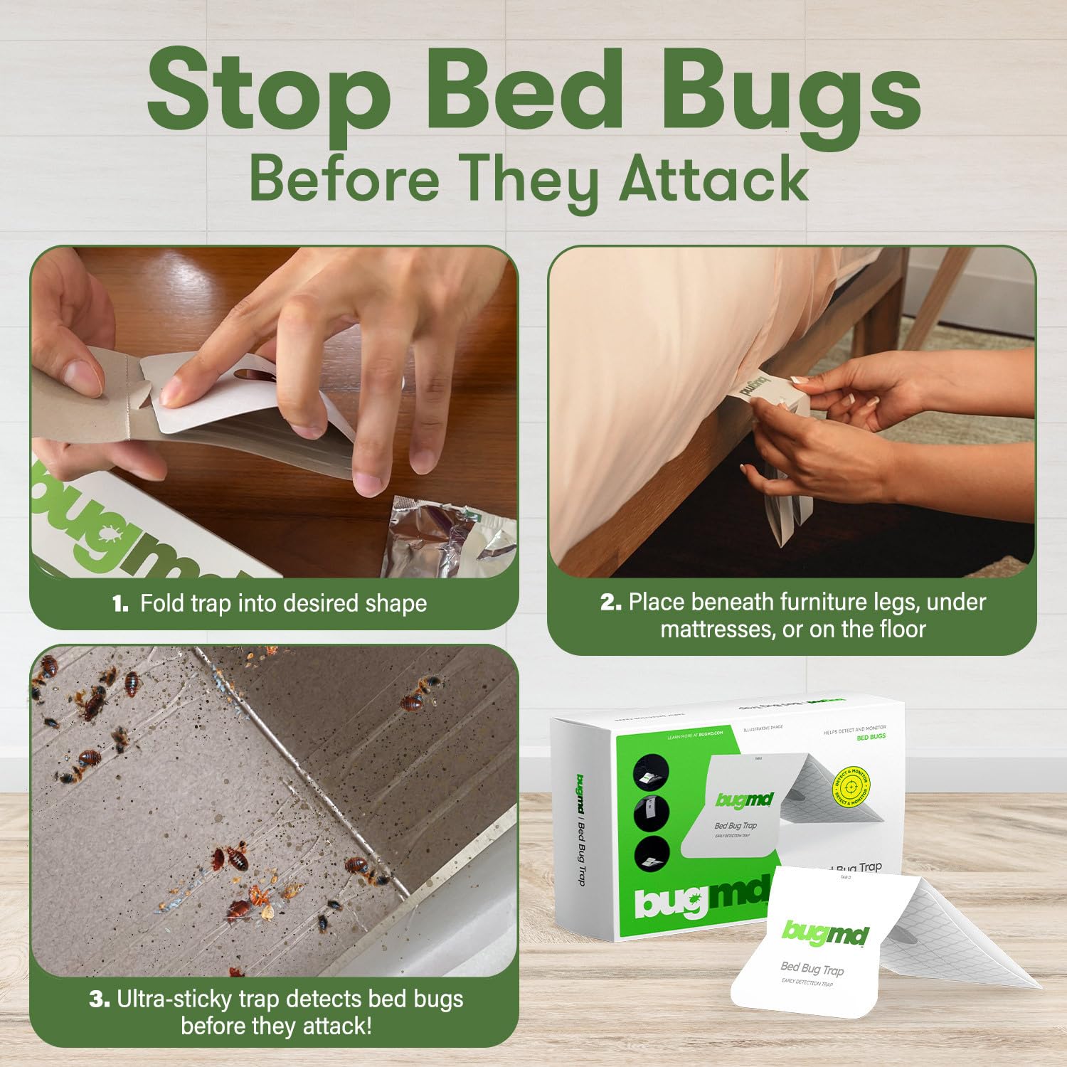 BugMD trap under bed leg blocking pests and protecting sleep area