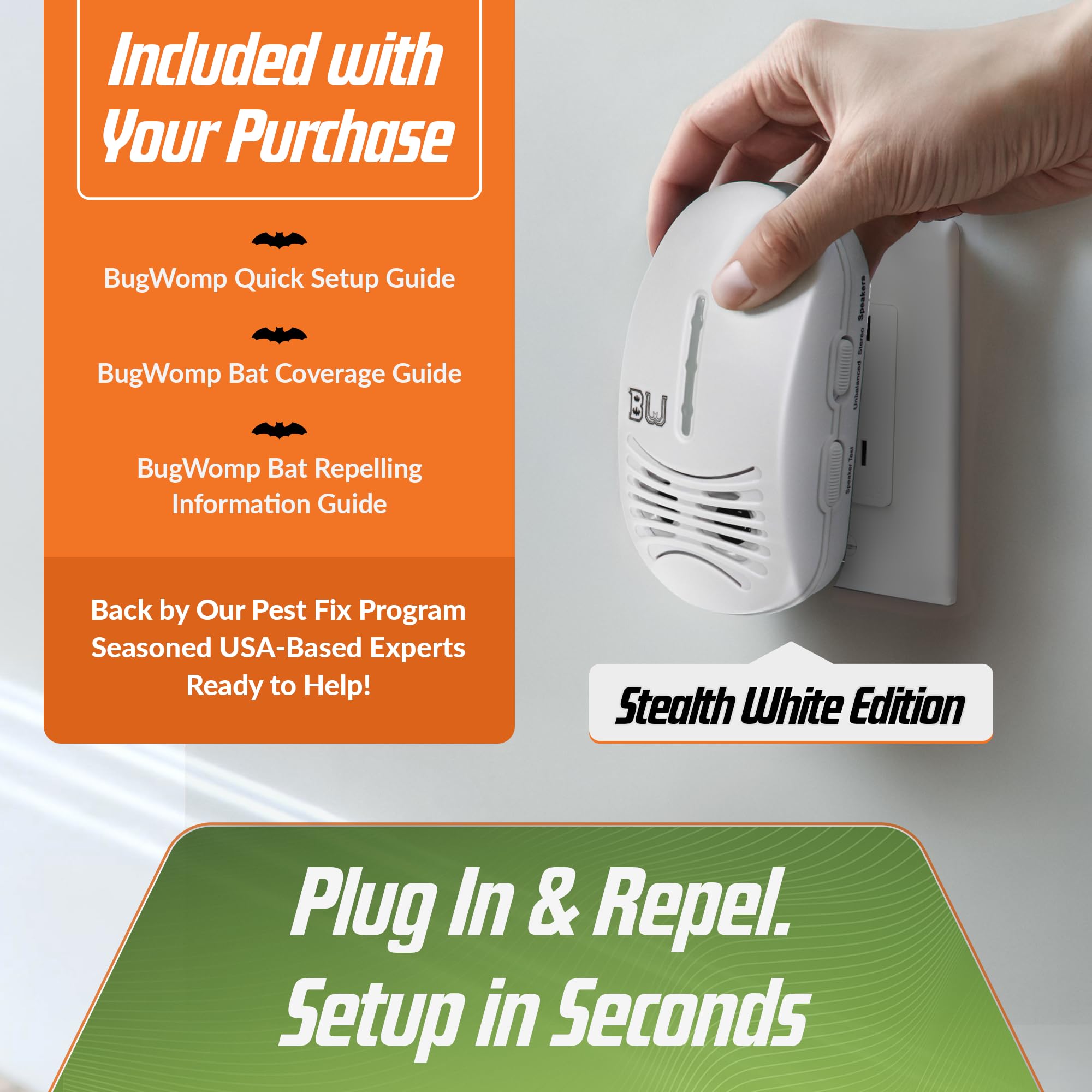 BugWomp BEU-W packaging and contents laid out showing quick-start guide and included resources benefit