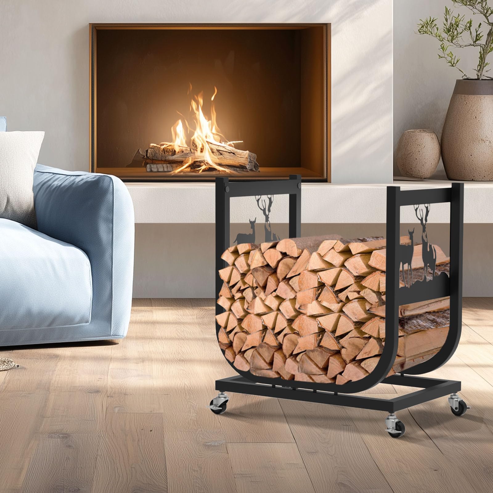 BUKLIYN on a patio with stacked logs showing weather-ready durability