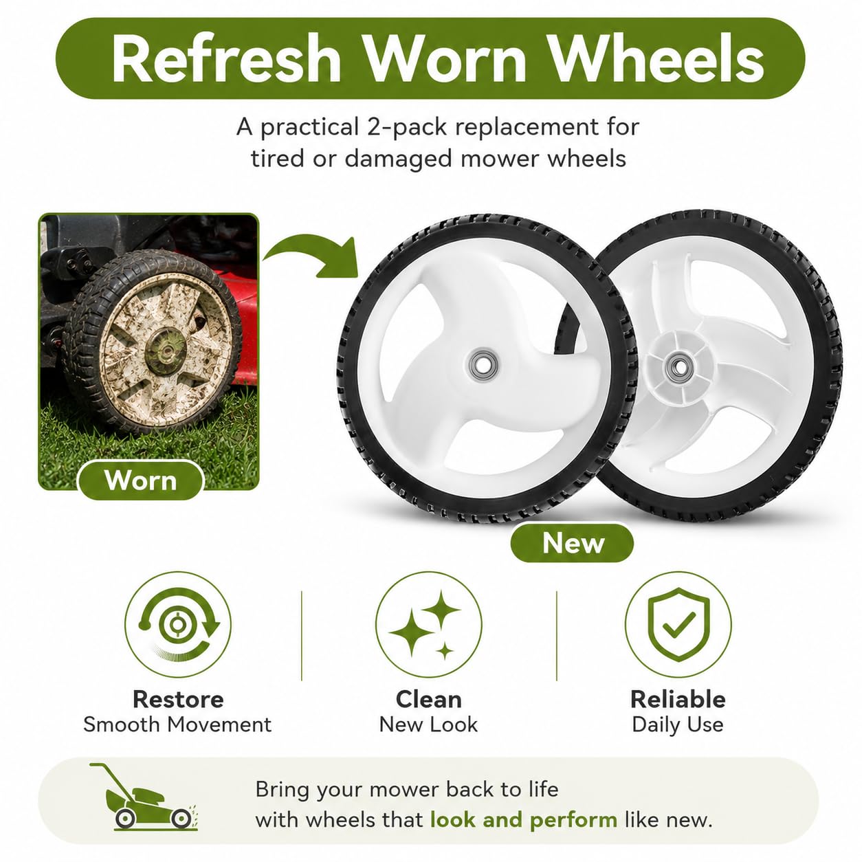 Bularie wheel mounted on mower rear showing restored stability and improved rolling