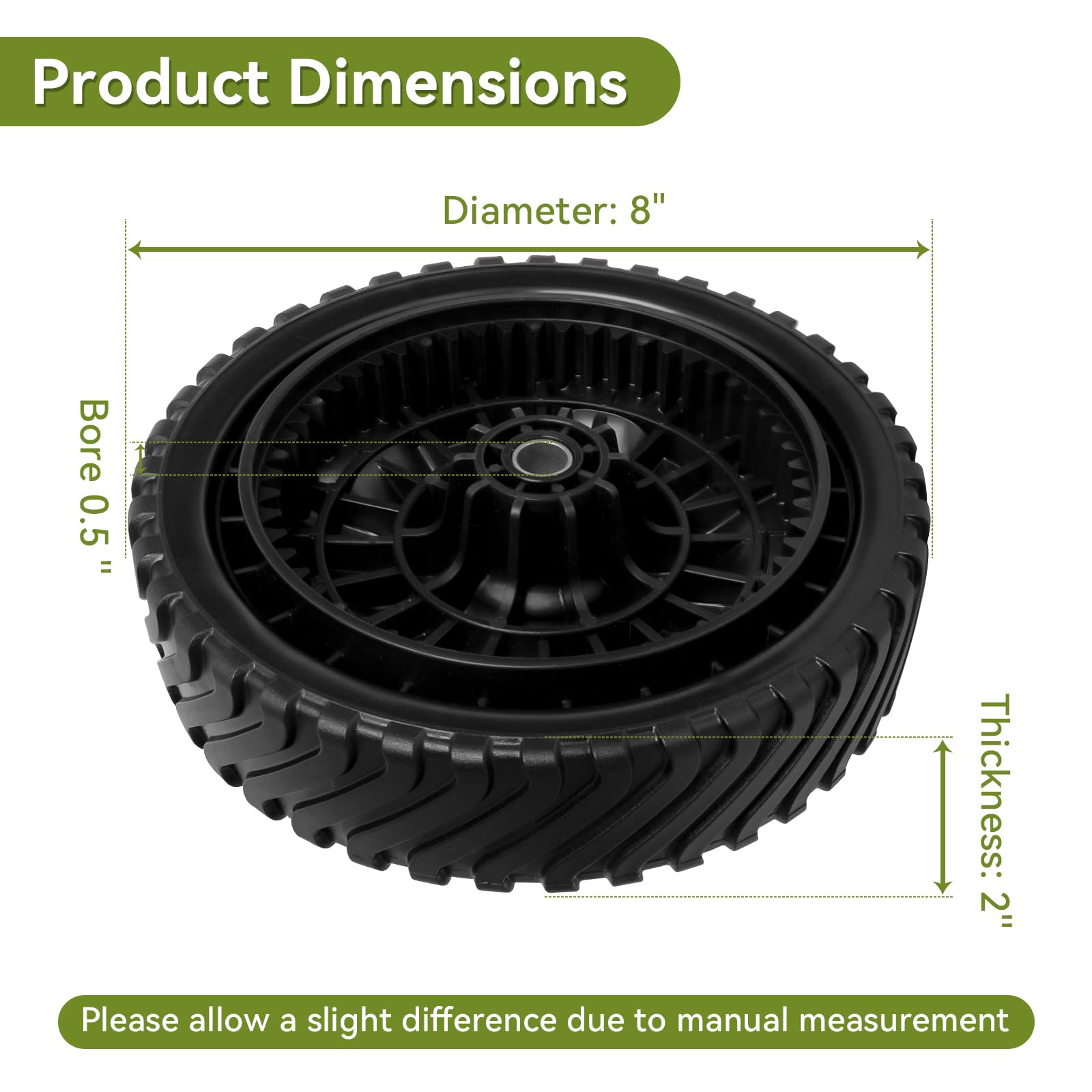 Bularie wheel installed on mower front left, demonstrates direct fit replacement