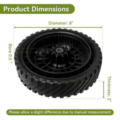 Bularie wheel installed on mower front left, demonstrates direct fit replacement