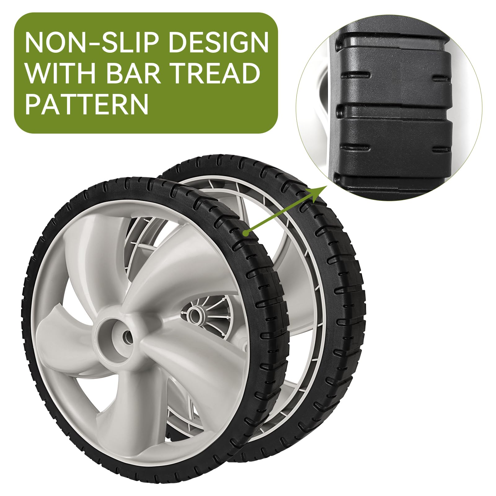 Bularie wheel installed on a walk-behind mower improving stability benefit