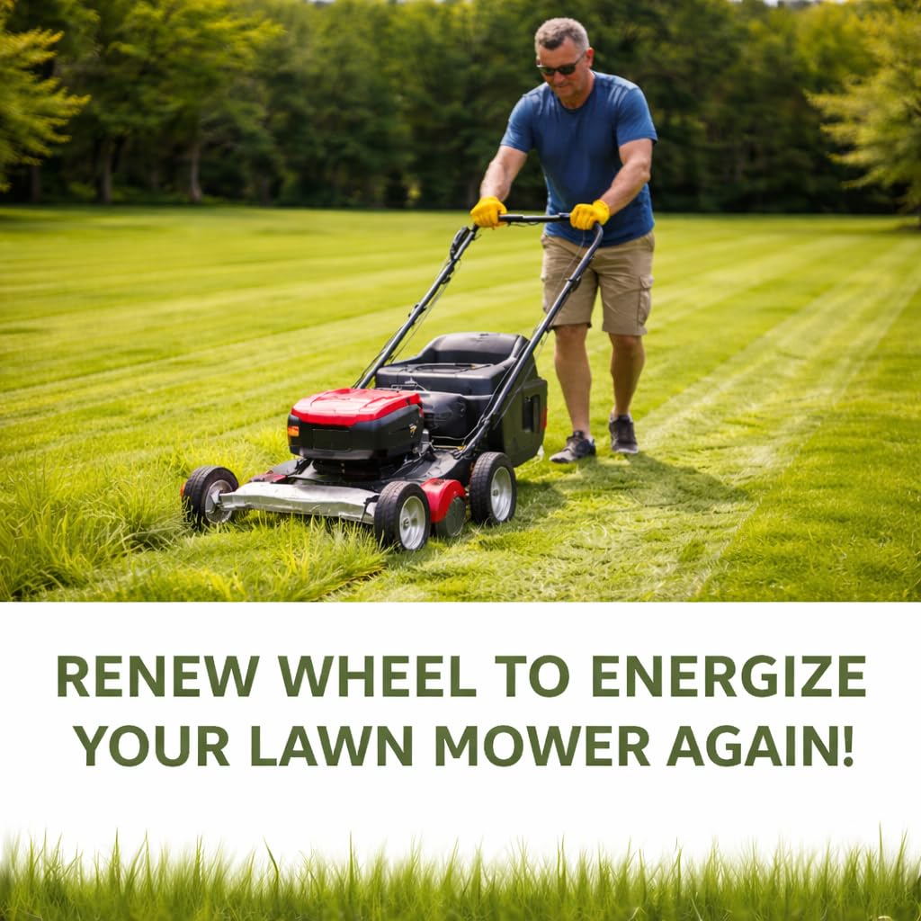 Bularie wheel on mower in backyard illustrating low-maintenance replacement benefit