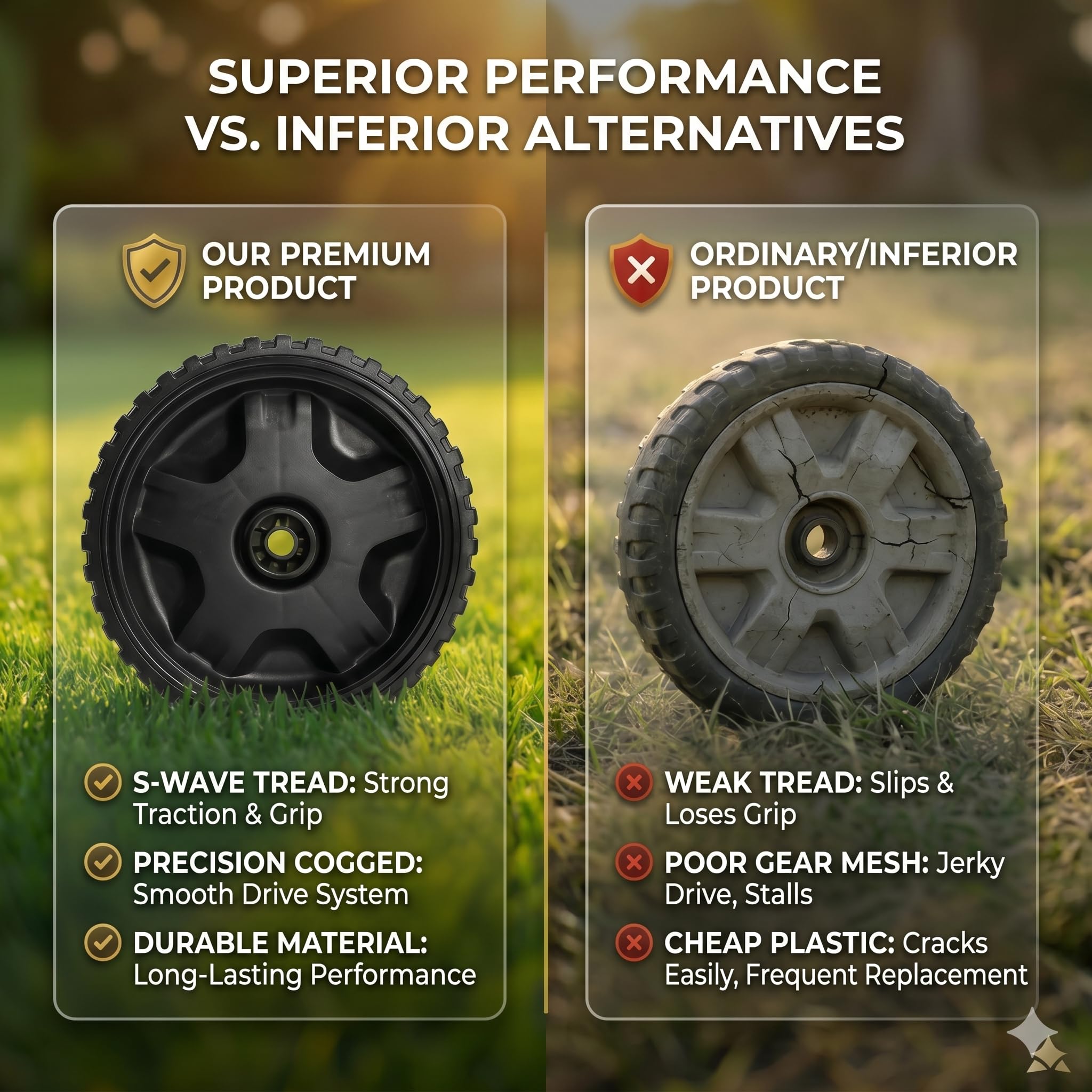 Bularie wheel on mower in yard, helps regain smooth self-propelled operation