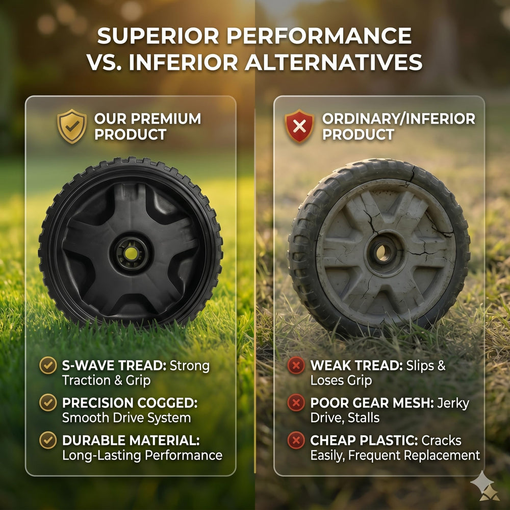 Bularie wheel on mower in yard, helps regain smooth self-propelled operation