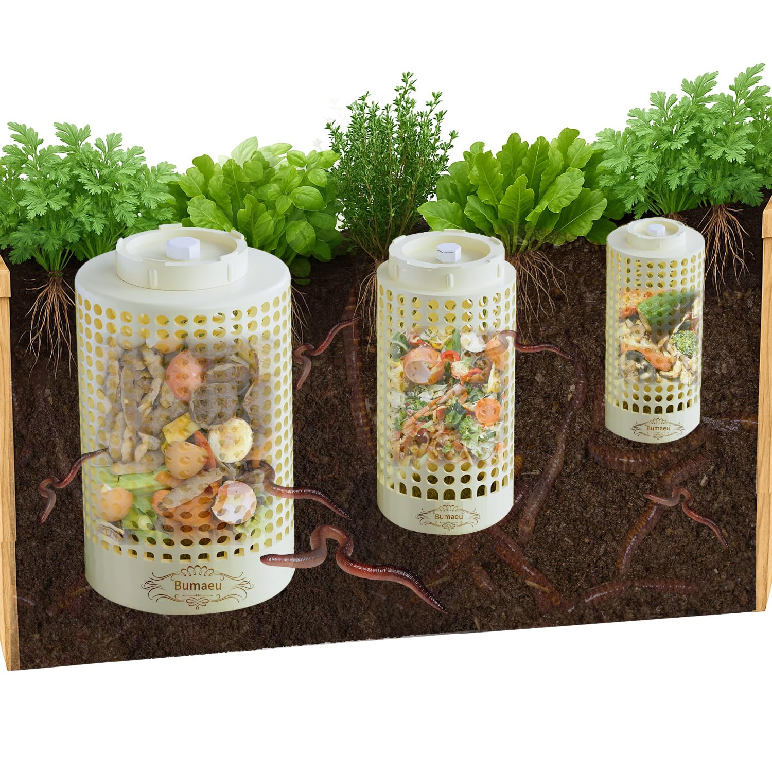 Bumaeu front view showing all three bins, demonstrating space-saving composting