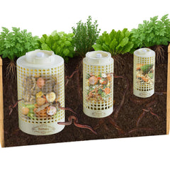 Bumaeu front view showing all three bins, demonstrating space-saving composting
