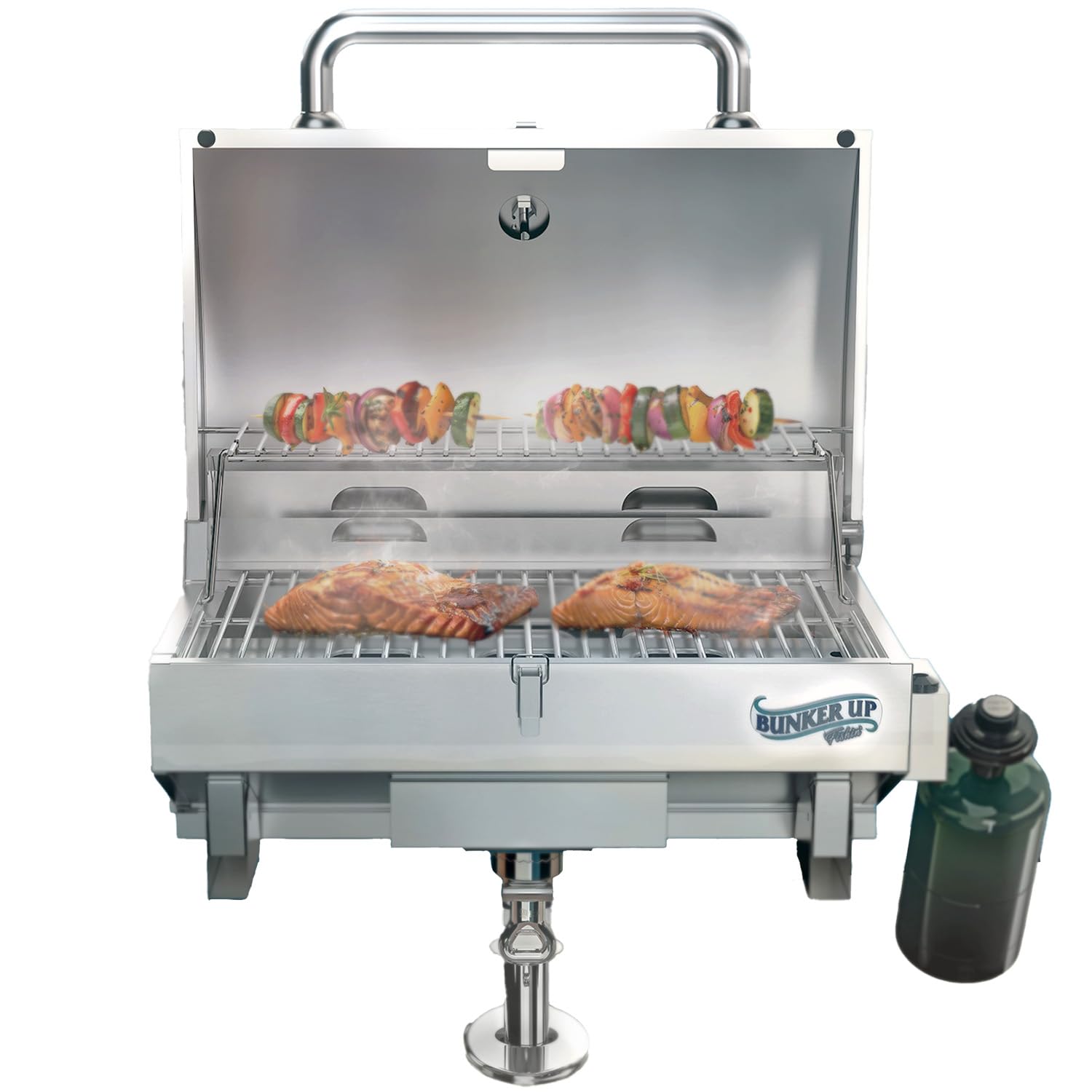 Bunker Up Fishin' front view of stainless steel boat grill showing compact design and durability