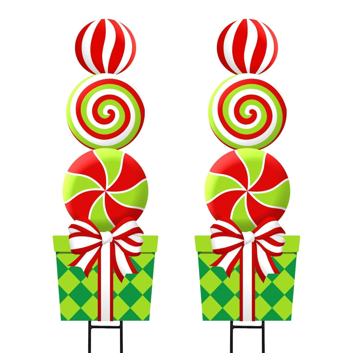 Bunny Chorus front view of two colorful lollipop yard signs brightening curb appeal