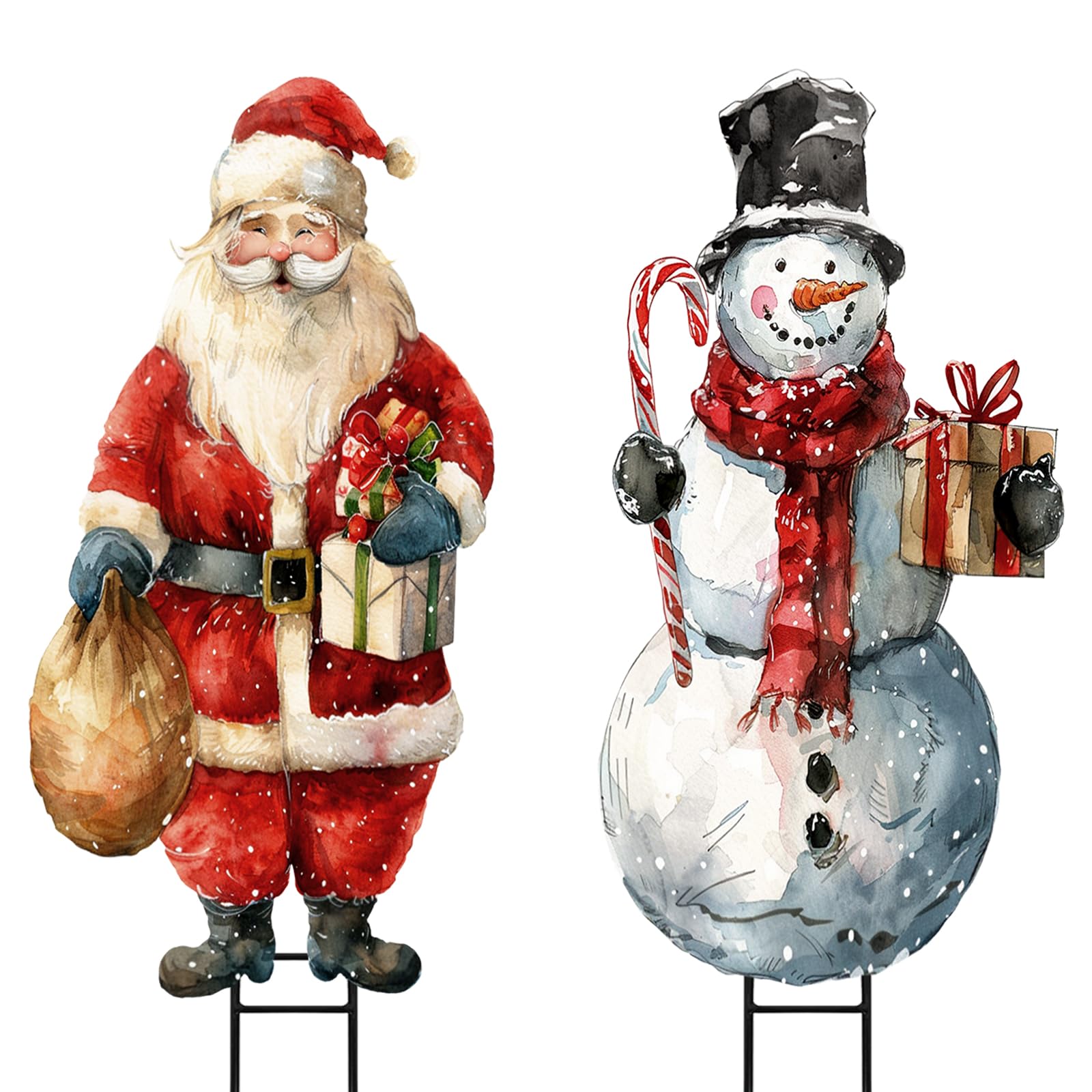 Bunny Chorus front view of Santa and Snowman stakes showing festive curb appeal