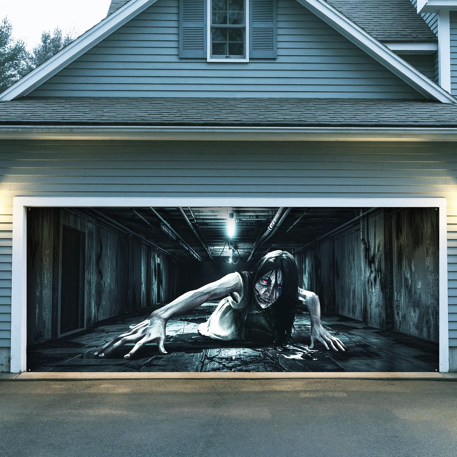 Bunny Chorus front view on garage door showing dramatic ghost and curb appeal