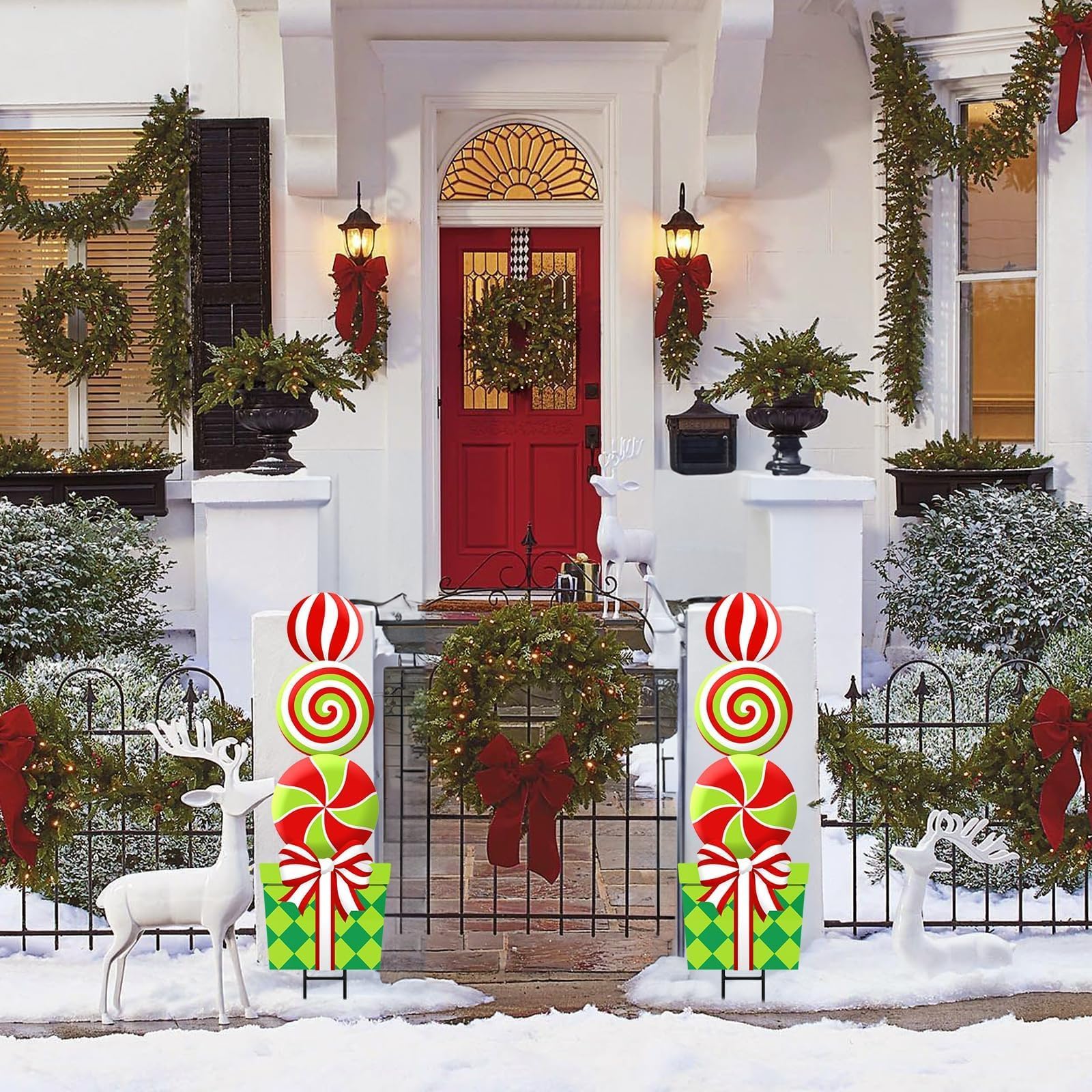 Bunny Chorus nighttime scene with yard signs enhancing holiday atmosphere and charm