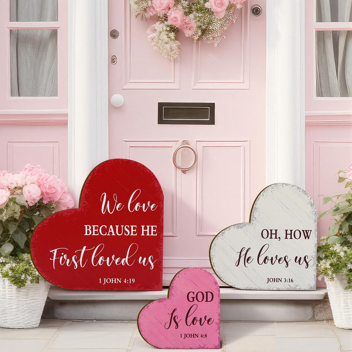 Burbell heart sign on front door showing welcoming faith message benefit