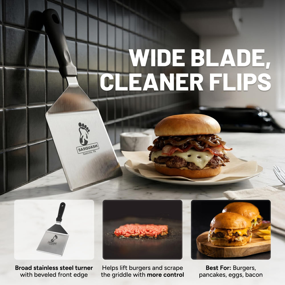Burger Iron close-up of beveled edge for easy sliding and scraping benefit