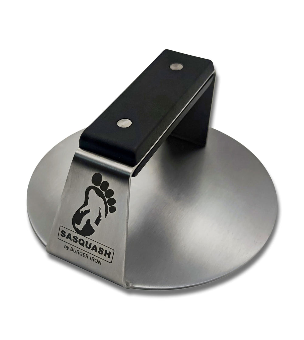 Burger Iron Sasquash front view showing 6 inch round stainless press for consistent patties