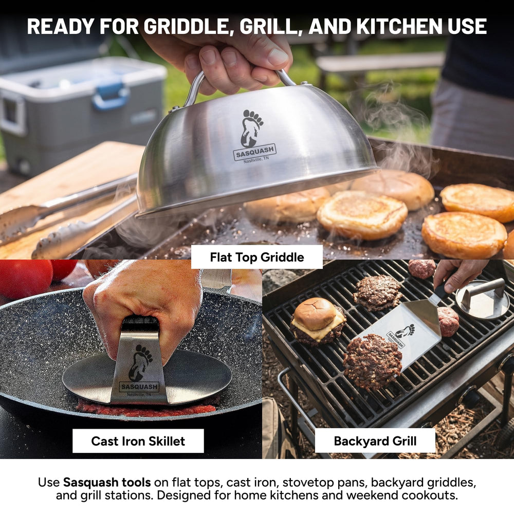 Burger Iron full kit arranged with press, spatula, dome, and bottles demonstrating completeness