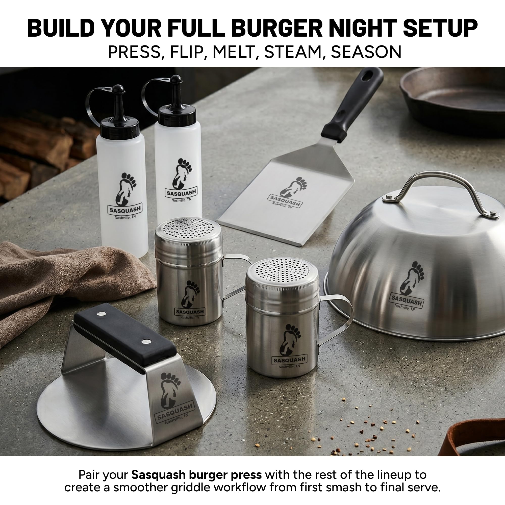 Burger Iron press in use smashing a patty on a hot griddle for crisp crust development