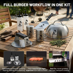Burger Iron Sasquash press close-up highlighting welded stainless steel build and sturdy handle