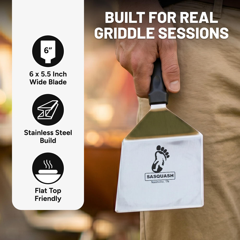 Burger Iron spatula in use on griddle flipping burgers for faster workflow benefit
