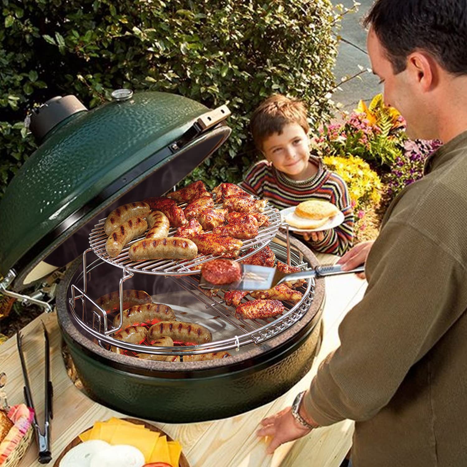 Burly Grill assembled three-tier setup inside Big Green Egg showing capacity benefit