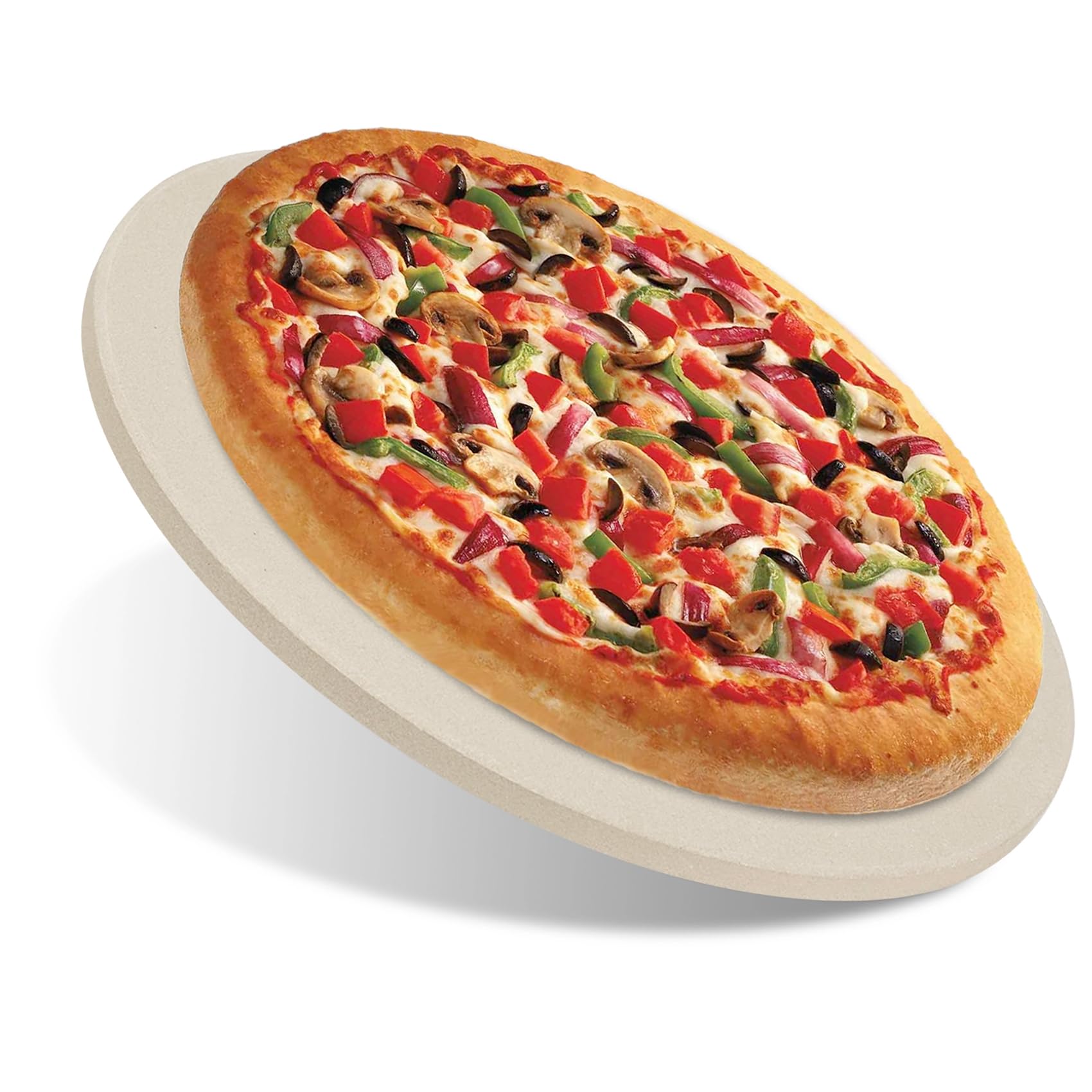 Burly Grill front view of 15-inch pizza stone showing full surface and benefit of even cooking