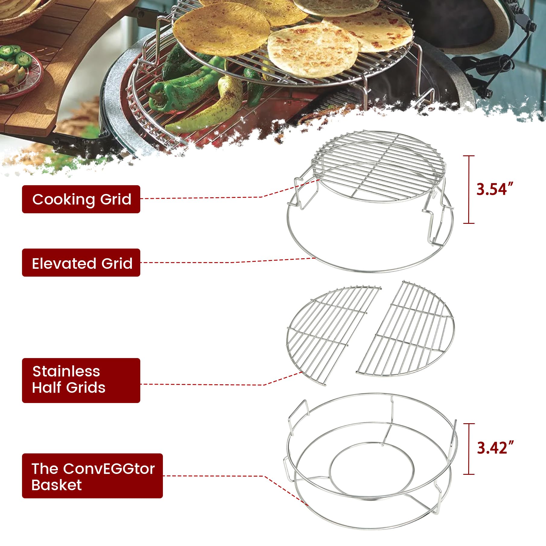 Burly Grill kit in use with multi-rack feast illustrating efficient multi-dish cooking