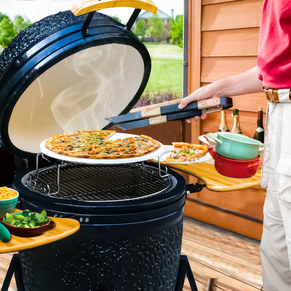 Burly Grill pizza stone on BBQ grill with flames, illustrating outdoor grilling capability and durability