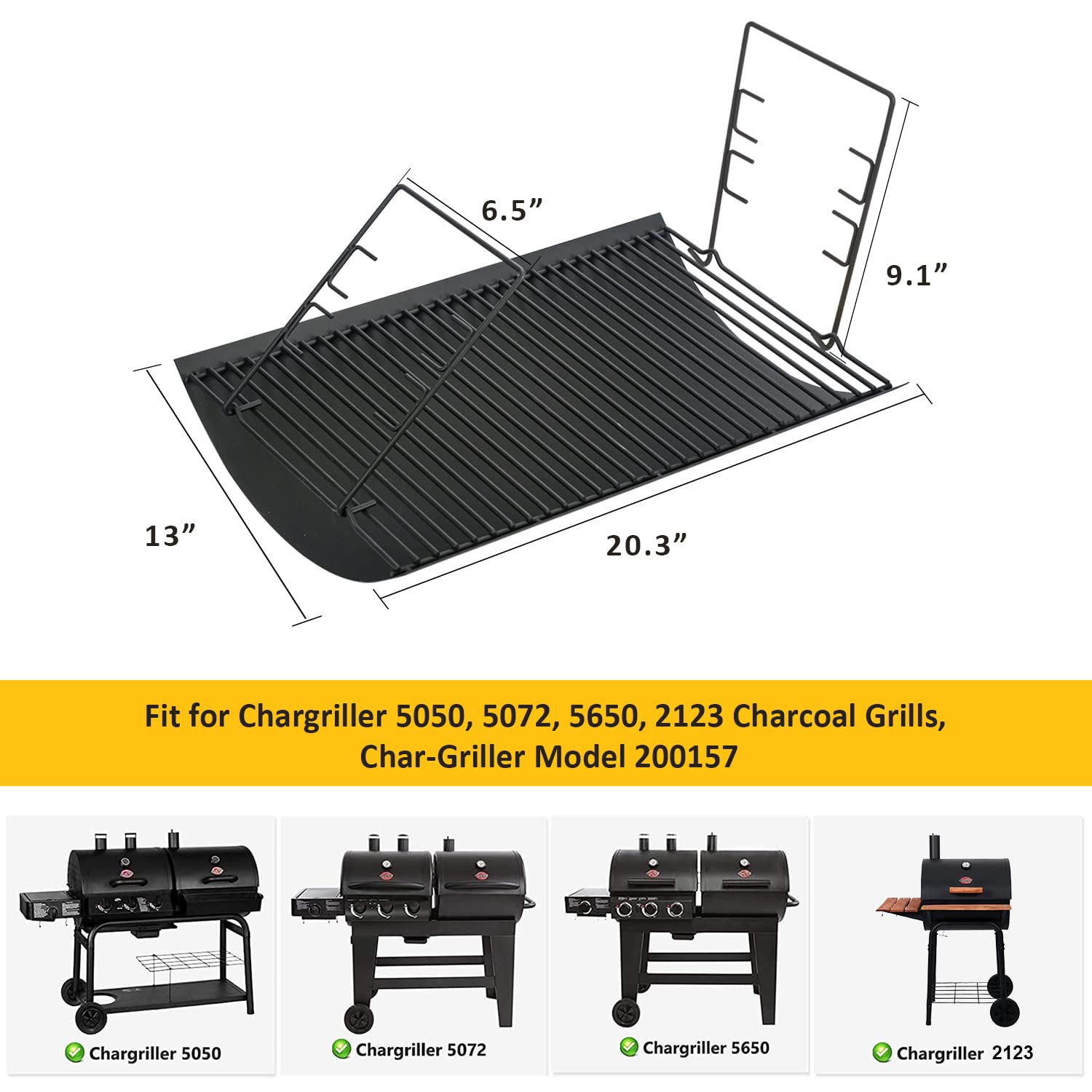 Burly Grill side profile showing 20 by 12.75 inch dimensions for correct fit
