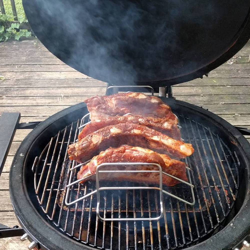 Burly grill next to grill grate to show scale and fit for 18-inch plus cookers
