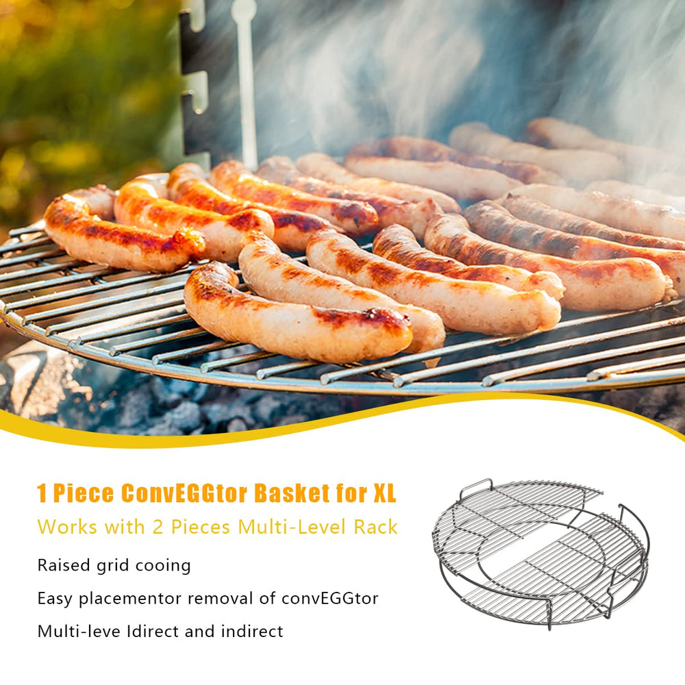 Burly Grill three-tier setup inside Egg demonstrating multi-level cooking benefit