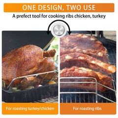 Burly grill supporting a turkey in cradle position for even roasting advantage