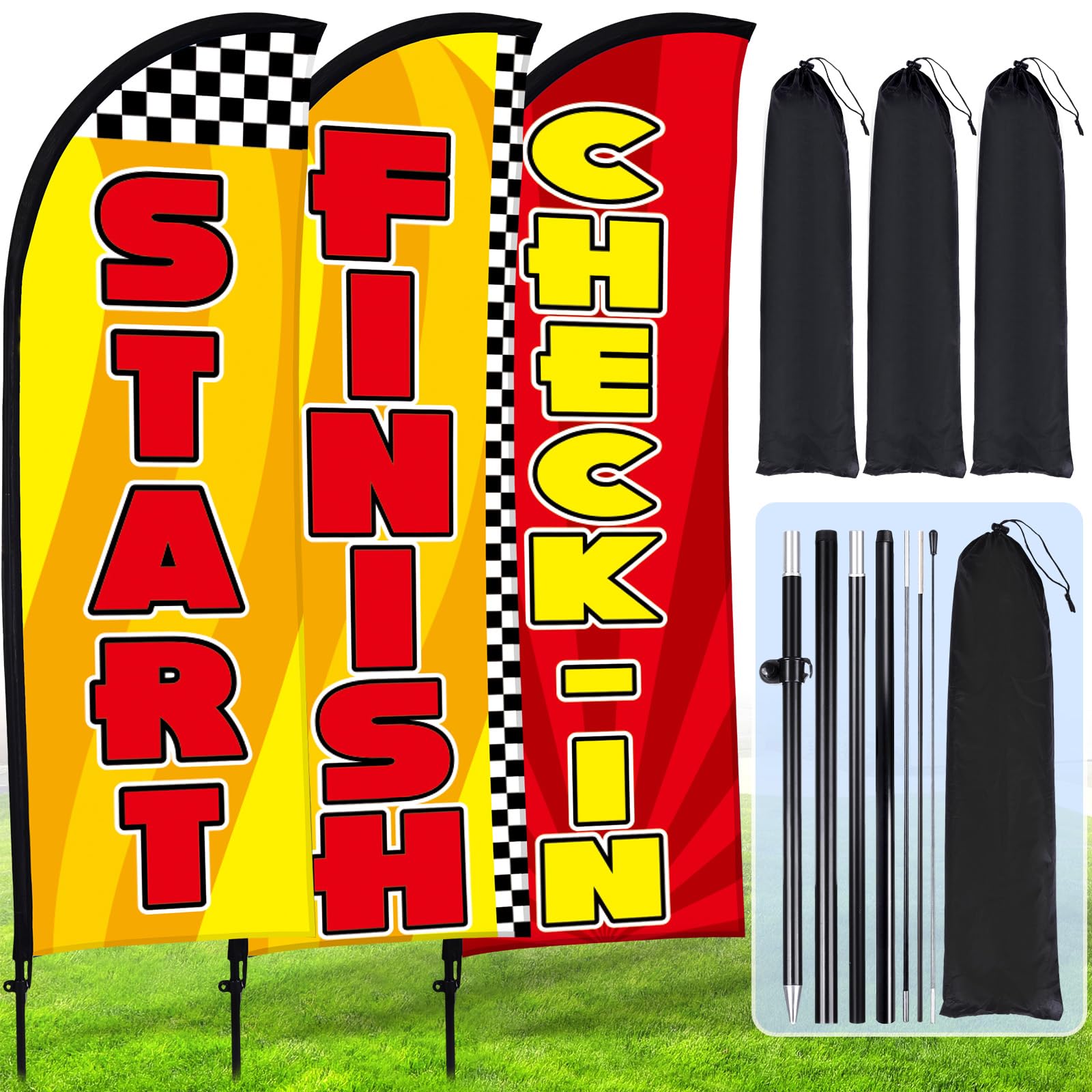 Buryeah front view of red yellow feather flag showing clear event messaging and visibility