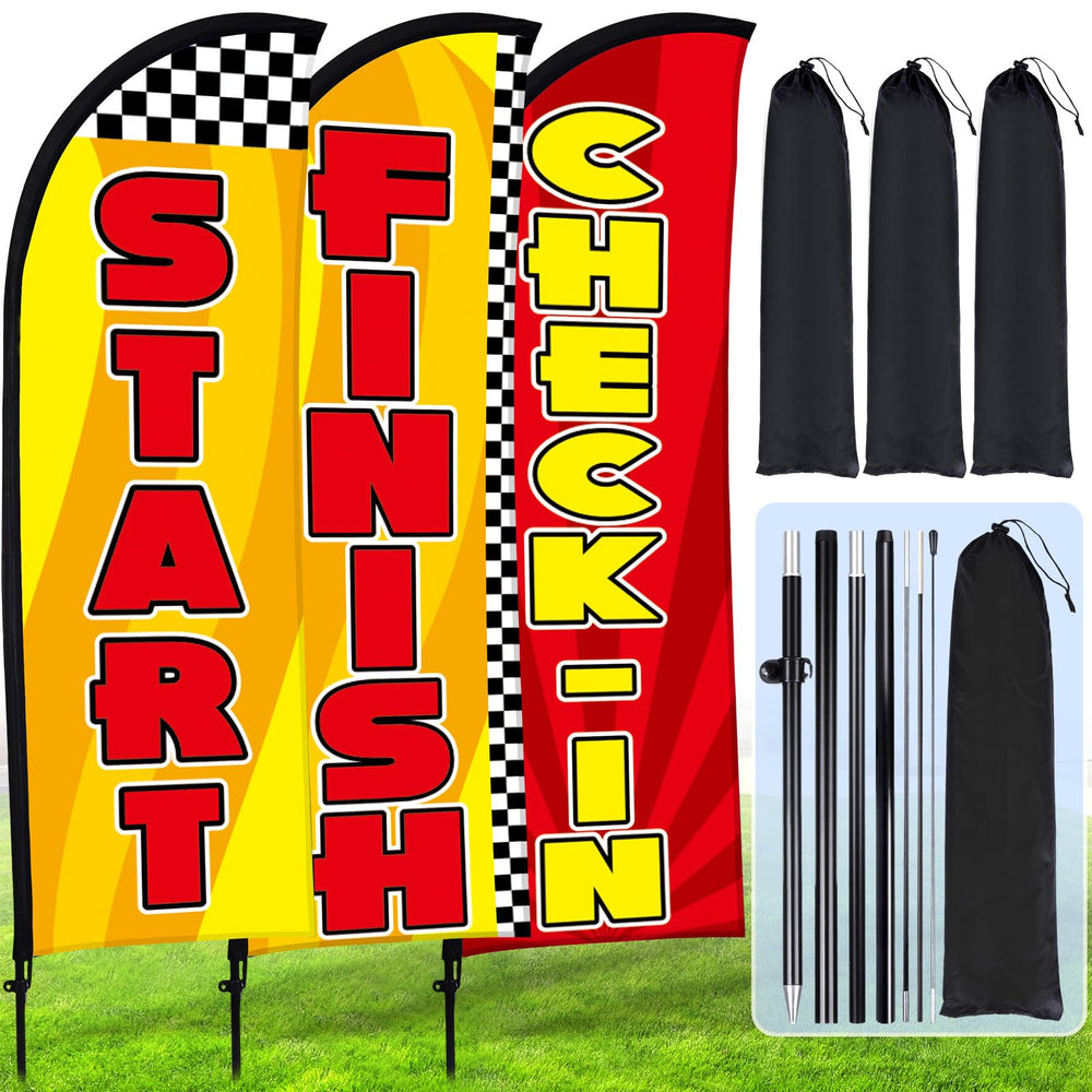 Buryeah front view of red yellow feather flag showing clear event messaging and visibility