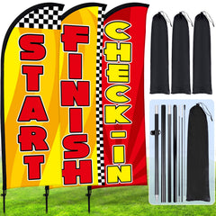 Buryeah front view of red yellow feather flag showing clear event messaging and visibility