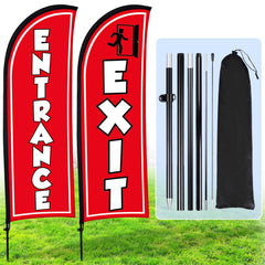 Buryeah front view of red entrance exit feather flag showing clear directional signage and visibility
