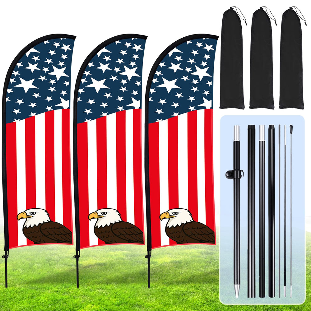 Buryeah front view of three American feather flags showing bright patriotic design and high visibility