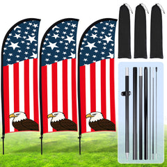 Buryeah front view of three American feather flags showing bright patriotic design and high visibility