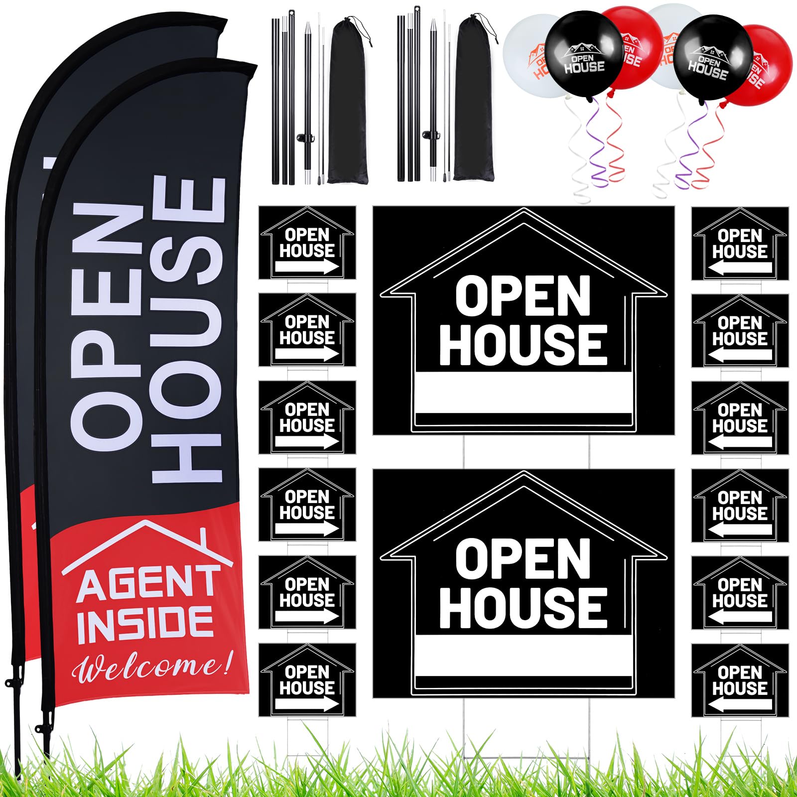 Buryeah front view of assembled open house flag and carrying bag for strong curb visibility