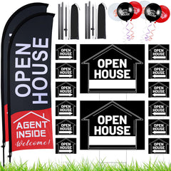 Buryeah front view of assembled open house flag and carrying bag for strong curb visibility