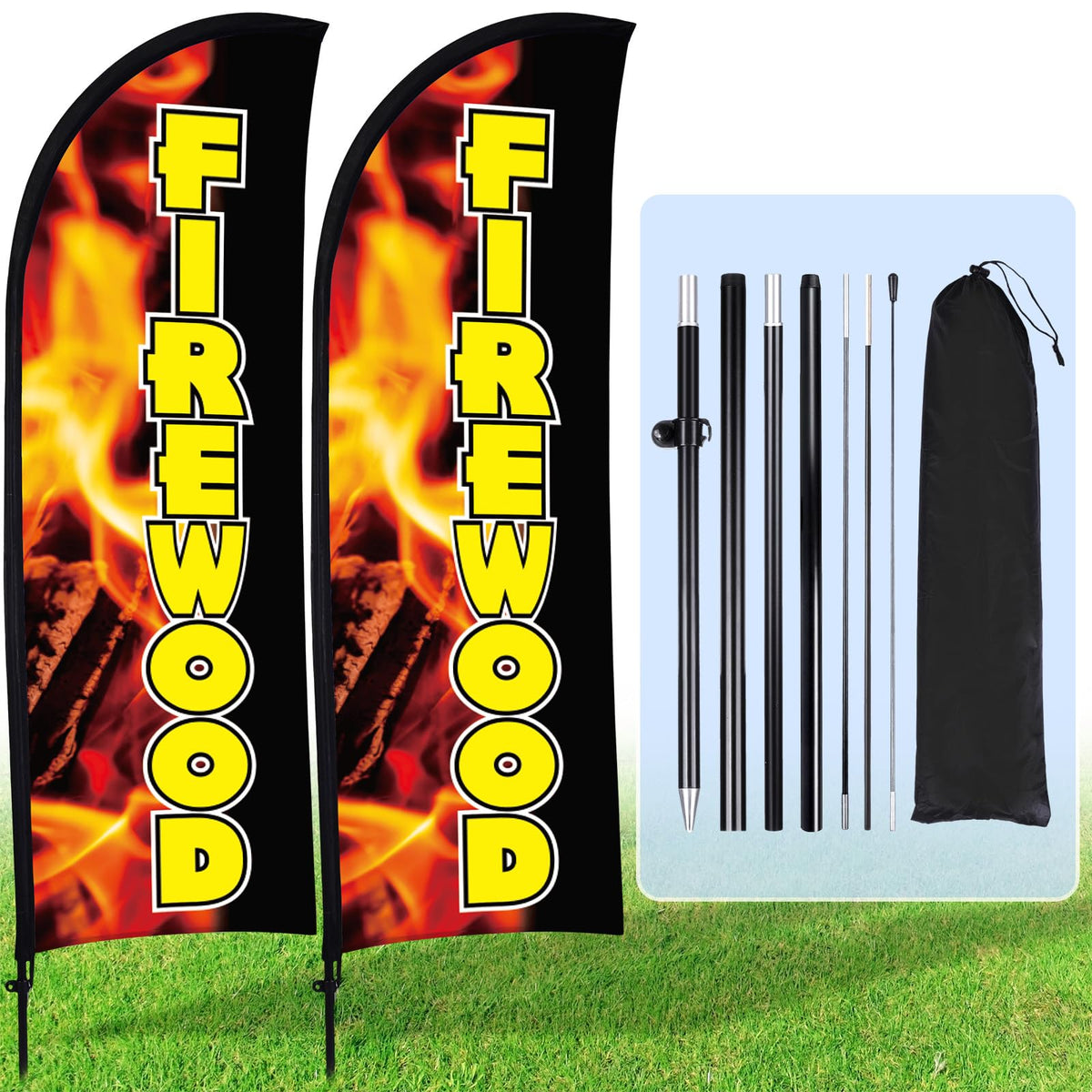 Buryeah front packaging showing two assembled firewood flags for fast advertising