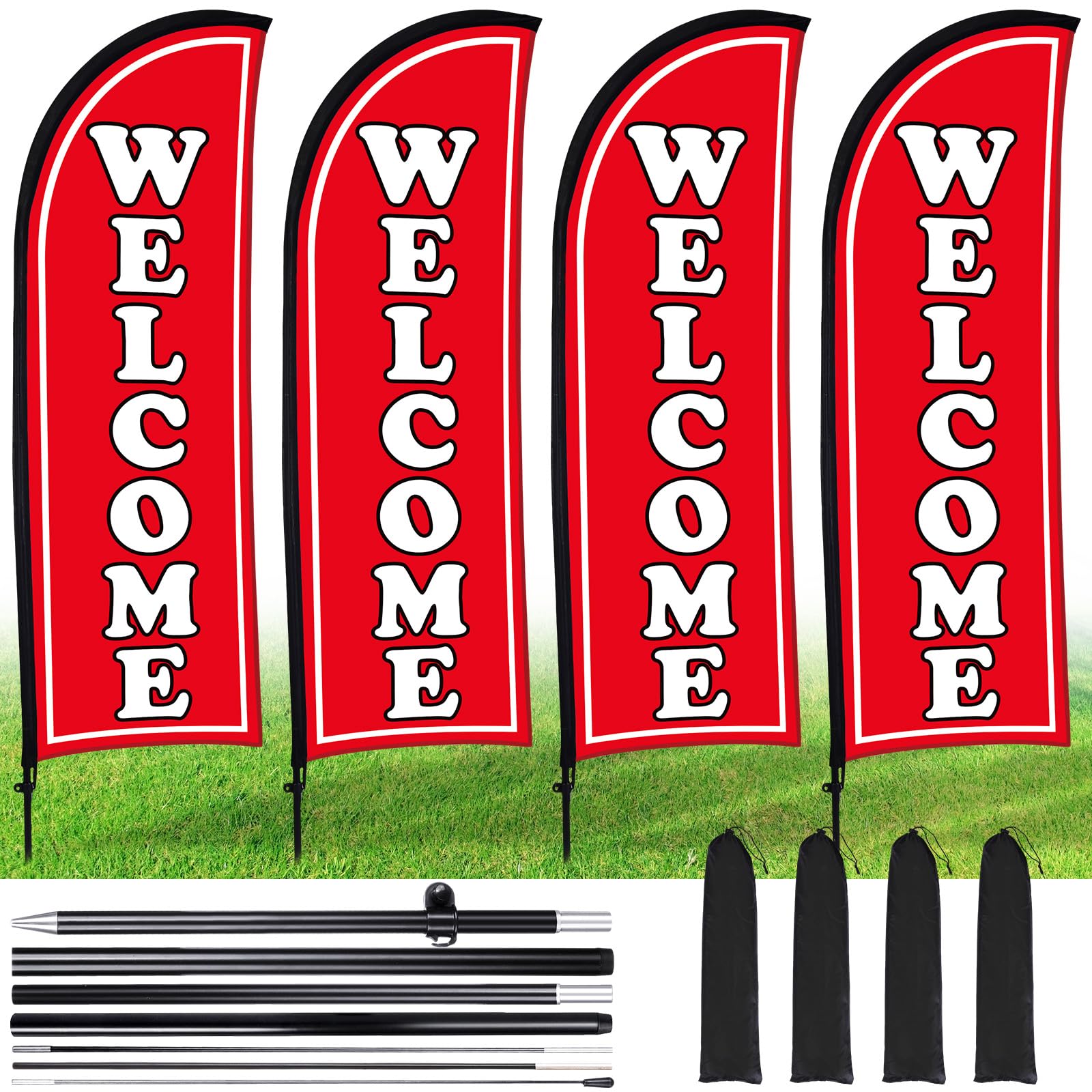 Buryeah front view of red welcome feather flag and poles showing clear branding and visibility