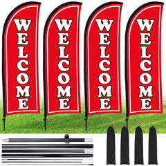 Buryeah front view of red welcome feather flag and poles showing clear branding and visibility