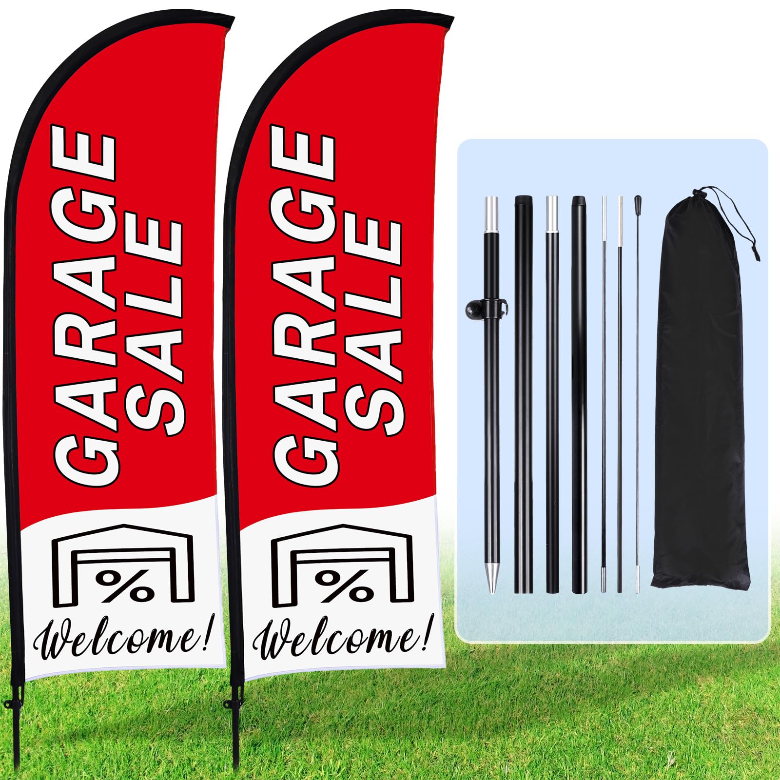 Buryeah front view of red feather flag set showing high visibility