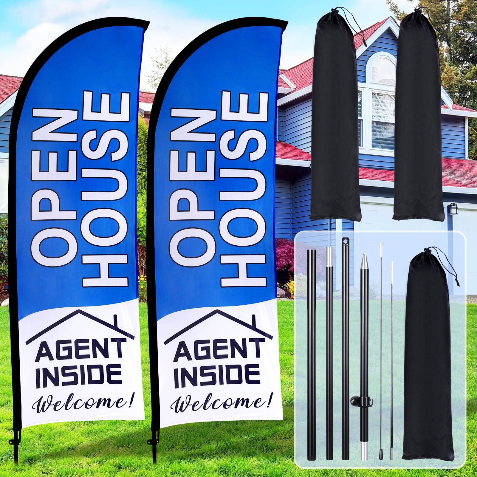 Buryeah front view of two blue feather flags showing high visibility