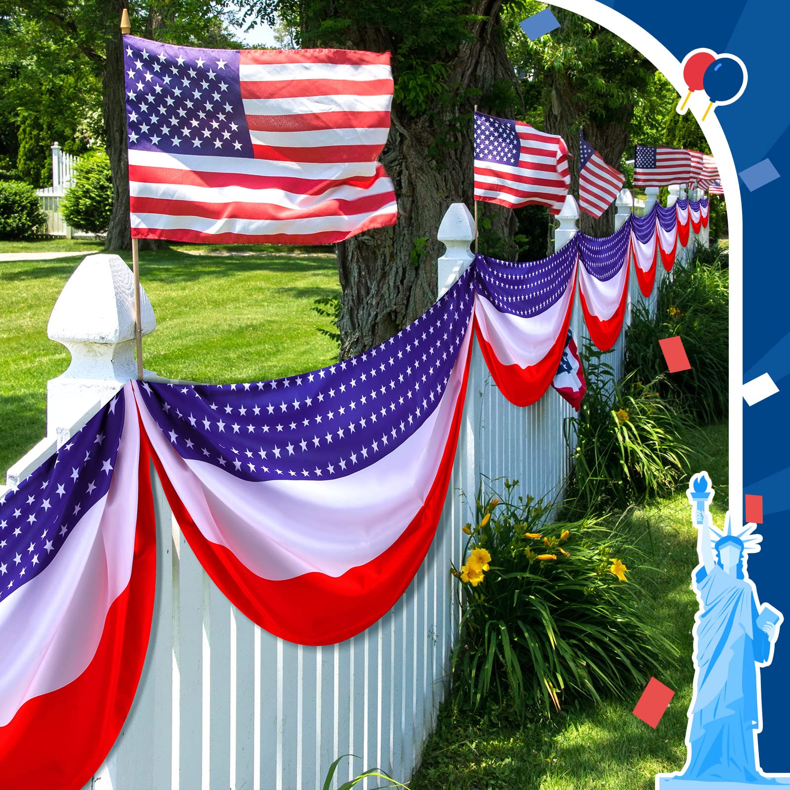 Buryeah porch installation with bunting hung on railing for instant patriotic curb appeal