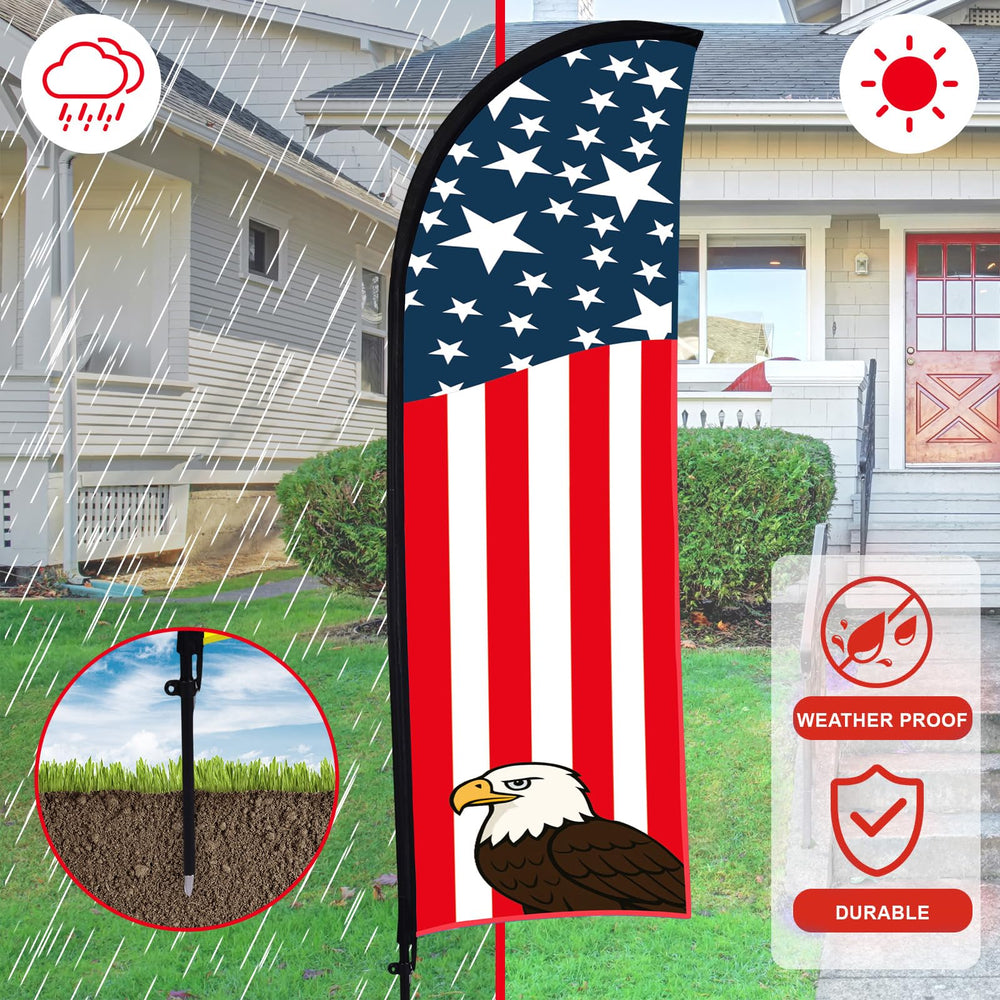 Buryeah flag next to person for scale showing 8 ft height and strong roadside presence