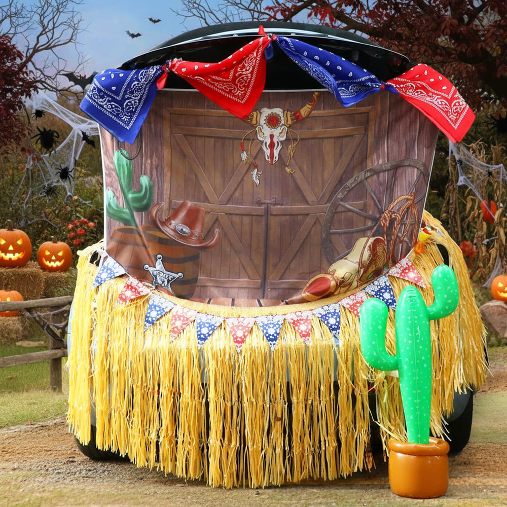 Buryeah western backdrop front view showing bold cowboy scene and easy impact